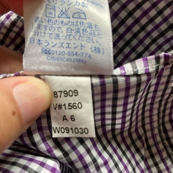 Lands End White Purple Black Gingham Cotton Button Down Long Sleeves Men 16.5 - Picture 10 of 12